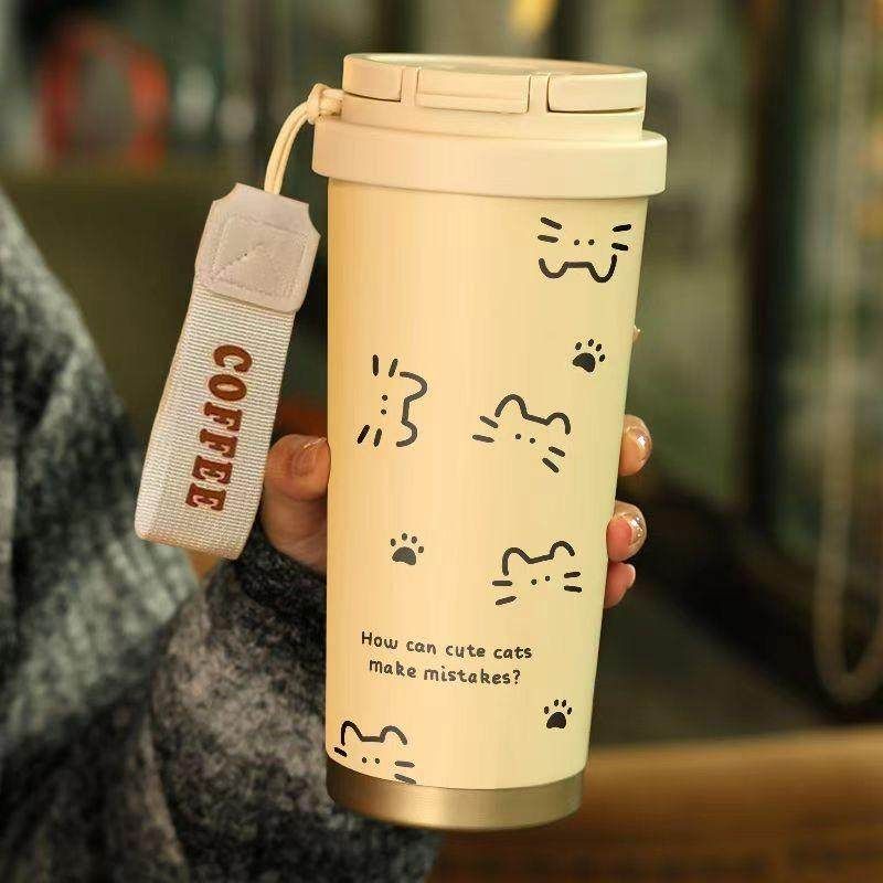 Line Drawing Cat Large-Capacity Insulated Cup with Straw, Drinking Cup for Sports, Car, Portable, for Male and Female Students, School Cup