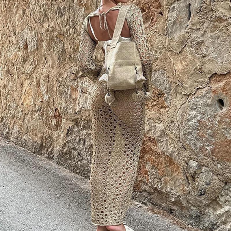 Women's Sexy Hollow Long-Sleeve Round Neck Vacation Beach Cover-Up Dress
