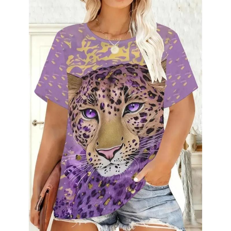 Comfortable Tee Fashion Women's Color Animal Short Sleeve Crew Neck T-Shirt Crew Neck Short Sleeve 3D Animal Color Printing Tops