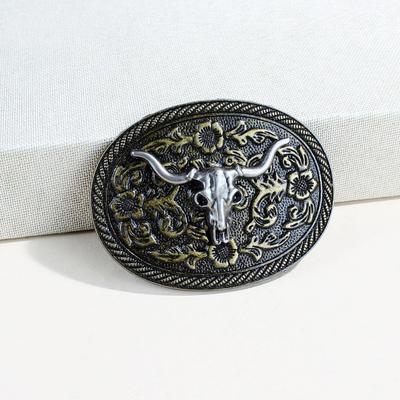 4.0Cm Inner Diameter Western Denim Belt Buckle Retro Silver Bull Skull Large Plate Buckle Retro