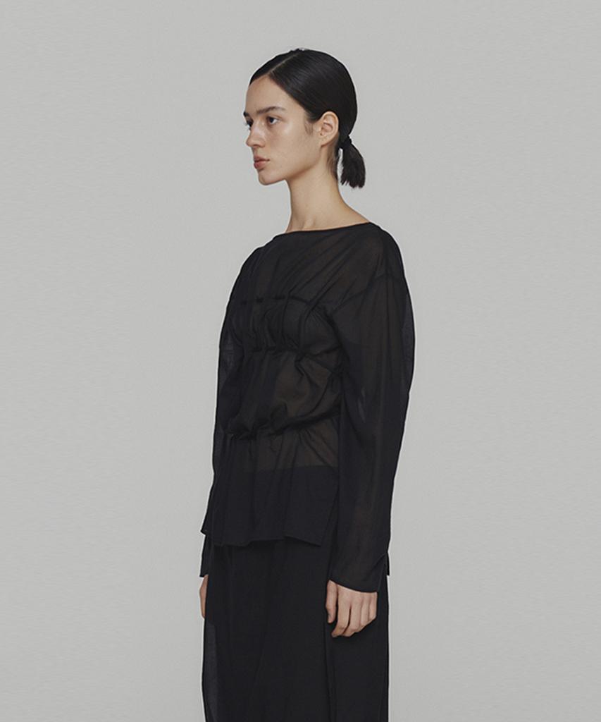 Amomento Sheer Cotton Drawstring Top_Black