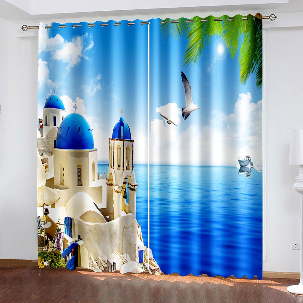 Coastal Scenery Series Deluxe Living Room Bedroom Decoration Sunshade Curtain 2 Pieces of Hook Punch