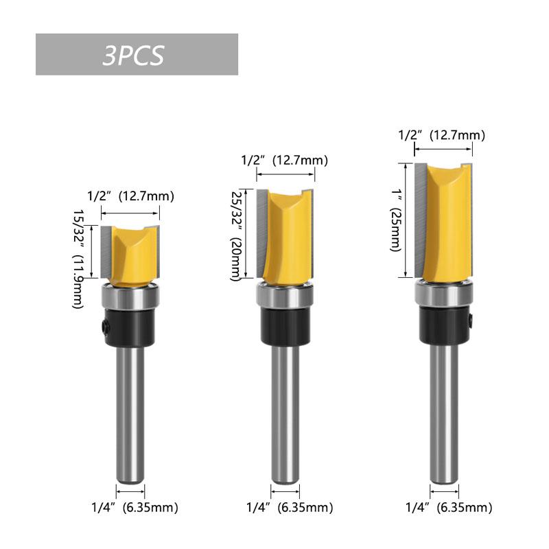 1/3/4ks 1/4 palce 6,35mm šablona stopky oříznutí závěsu Dlabací frézovací bit Fréza s přímým koncem Čištění zarovnávací čepové frézy pro obrábění dřeva