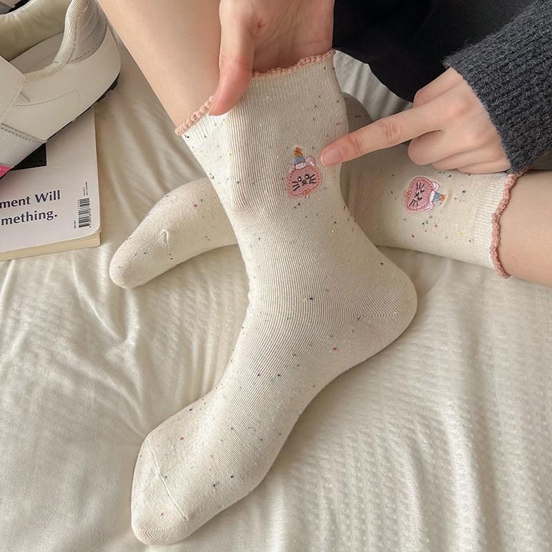 Socks Pure Cotton Stacking Socks Season Idea Yarn Cute Cartoon Embroidered Fungus Edge Cotton Medium Tube Socks
