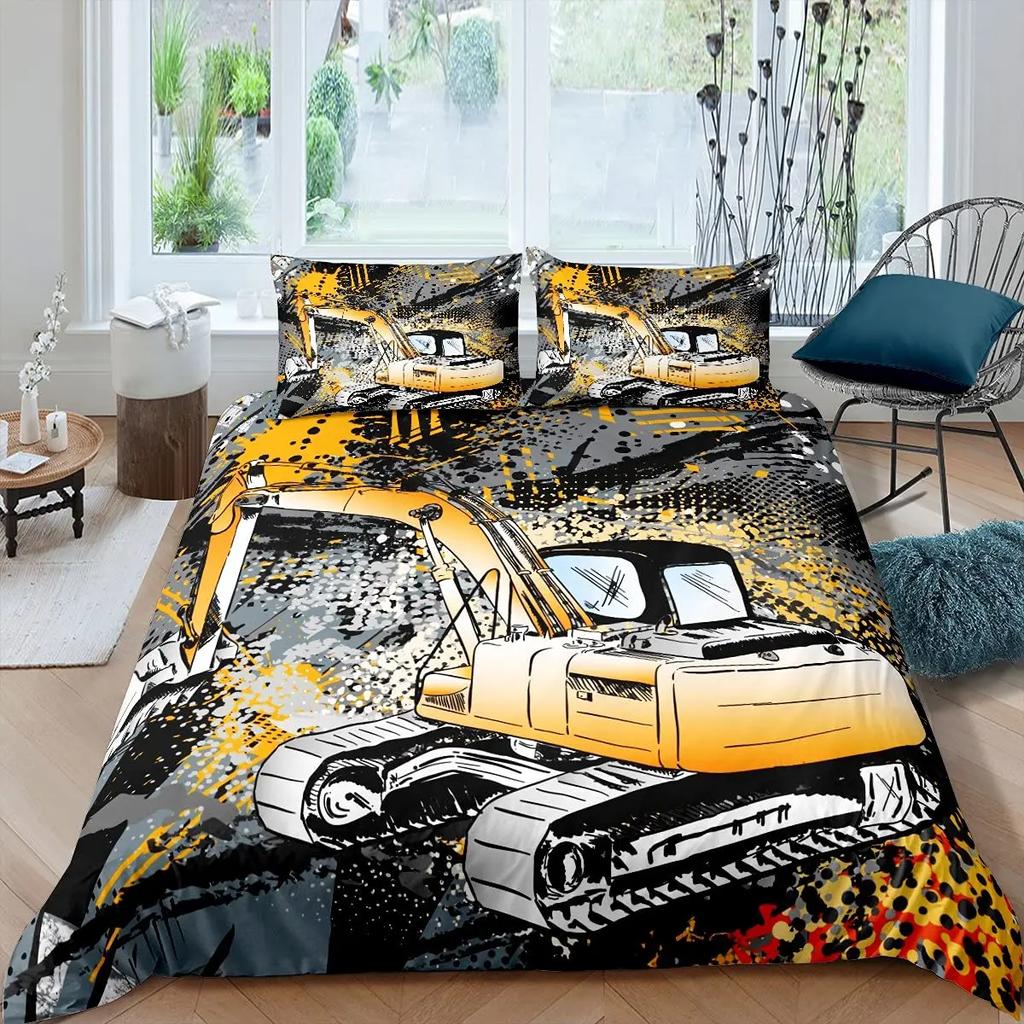Bagger Königin Bettbezug Cartoon Baufahrzeug Bettwäsche-Set für Kinder Jungen Mädchen Traktor 2/3-teilig Polyester Bettdeckenbezug
