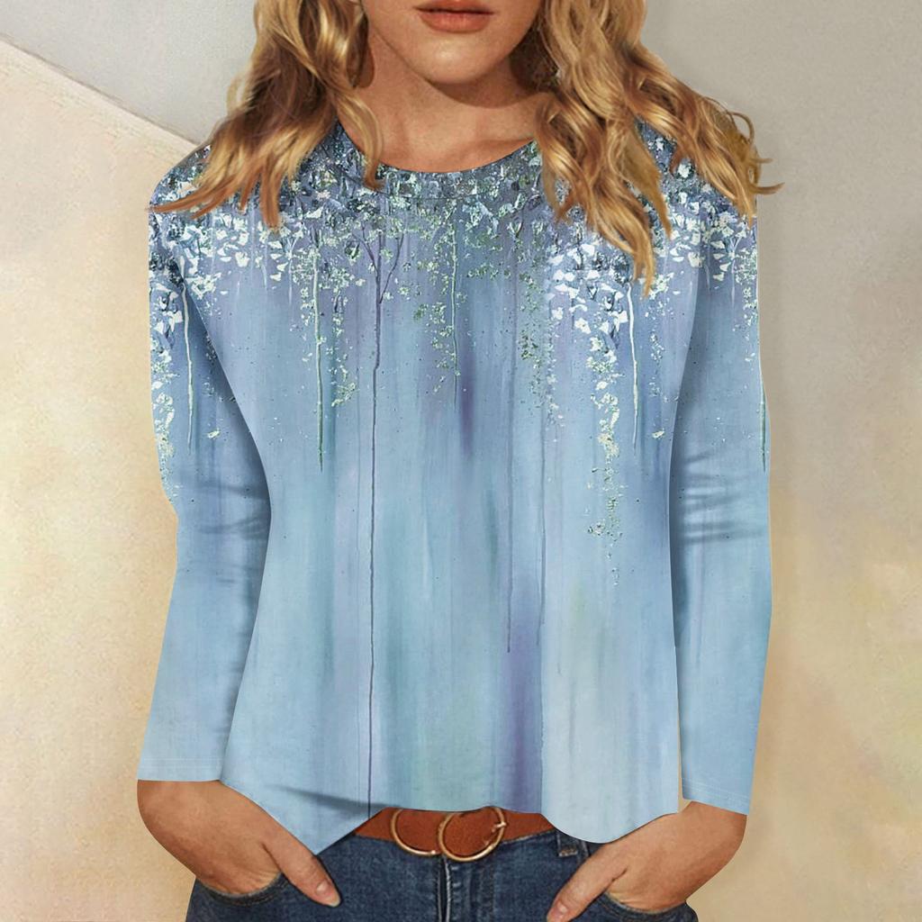 Women's Basic Long-sleeved T-shirt, Round Neck, Leaf Print, Plain Top, Everyday Pullover, Party Gift, Versatile T-shirt