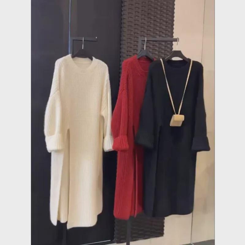 Women's Korean-Style Loose Sweater Dress, Side Slit, Over-Knee, Mid-Length, for Spring and Autumn 2025