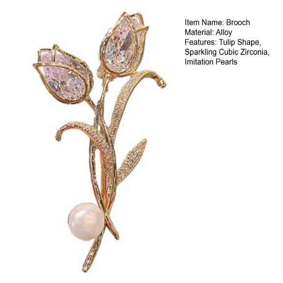 Women Brooch Sparkling Cubic Zirconia Imitation Pearl Decor Tulip Design Lapel Pin Sweater Scarf Holder Jewelry Accessories