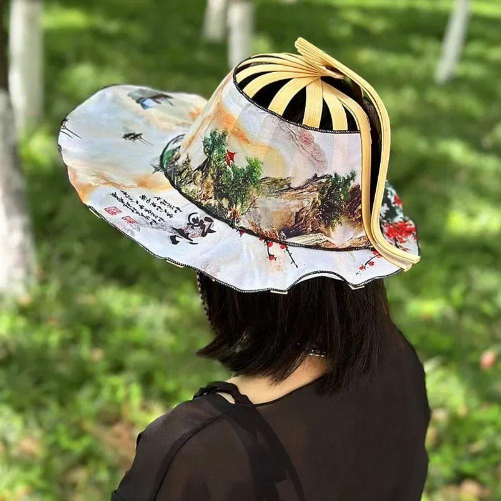 Floral Printed Fan Sun Hats Foldable Bamboo Sunscreen Cap Women Sunhat Folding Fan Hat  for Travel