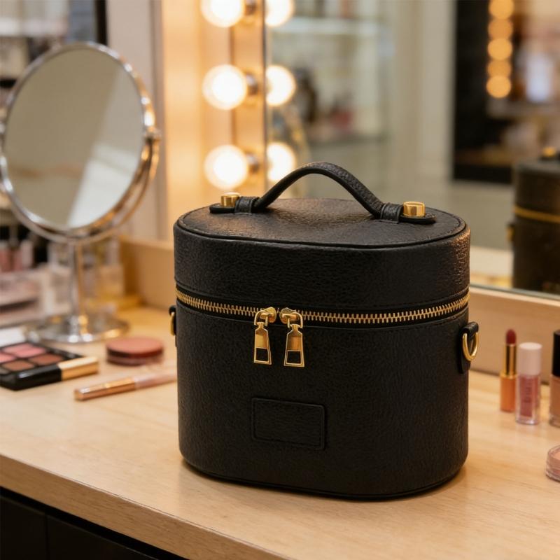 PU Leather Toiletry Organizer Bag Makeup Case with Carrying Handle And Zippered Cover Design for Cosmetic Storage Use