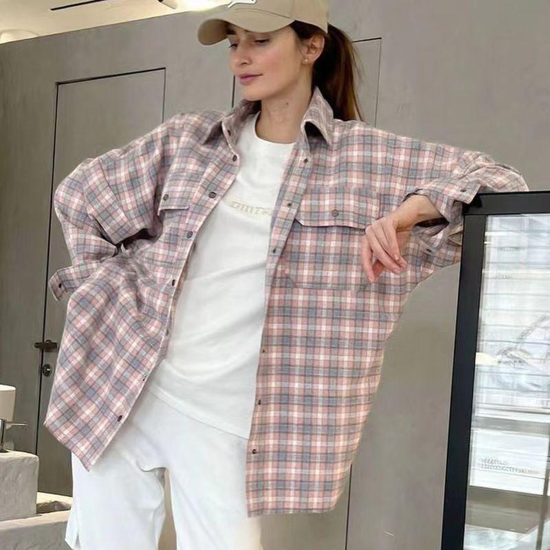 

Fashion Plaid Shirt Coat Loose Pockets Polo Collar Top Single Brewed Plaid Shirt Pink L