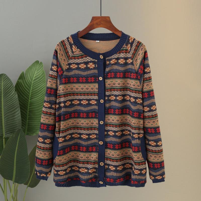 Middle-aged Elderly Spring and Autumn Sweater Knitted Cardigan Jacket Female Mother Embroidered Crew Neck Comfortable Top Old Lady