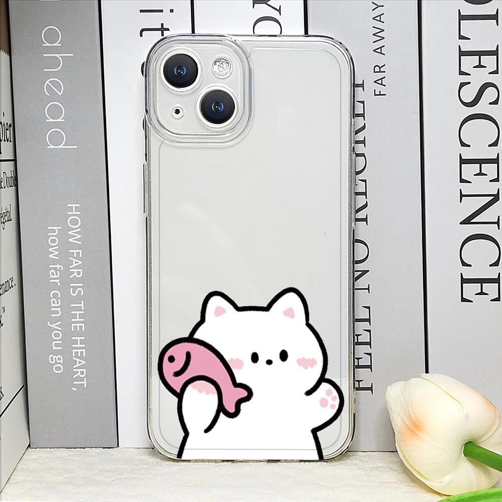 Funda de Teléfono Pareja Gato Pez Dibujo Animado Divertido para IPhone 16 15 14 11 12 13 Pro Max 7 8 Plus Mini XS XR Transparente Blanda Fundas
