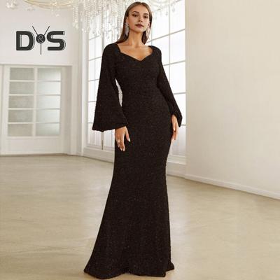 Dámské Večerní šaty Zvonové rukávy Flitr A-line Slim Fit Nízký střih s výstřihem do V Maxi šaty Střední pas Vzadu Zapínání na zip Plesové šaty