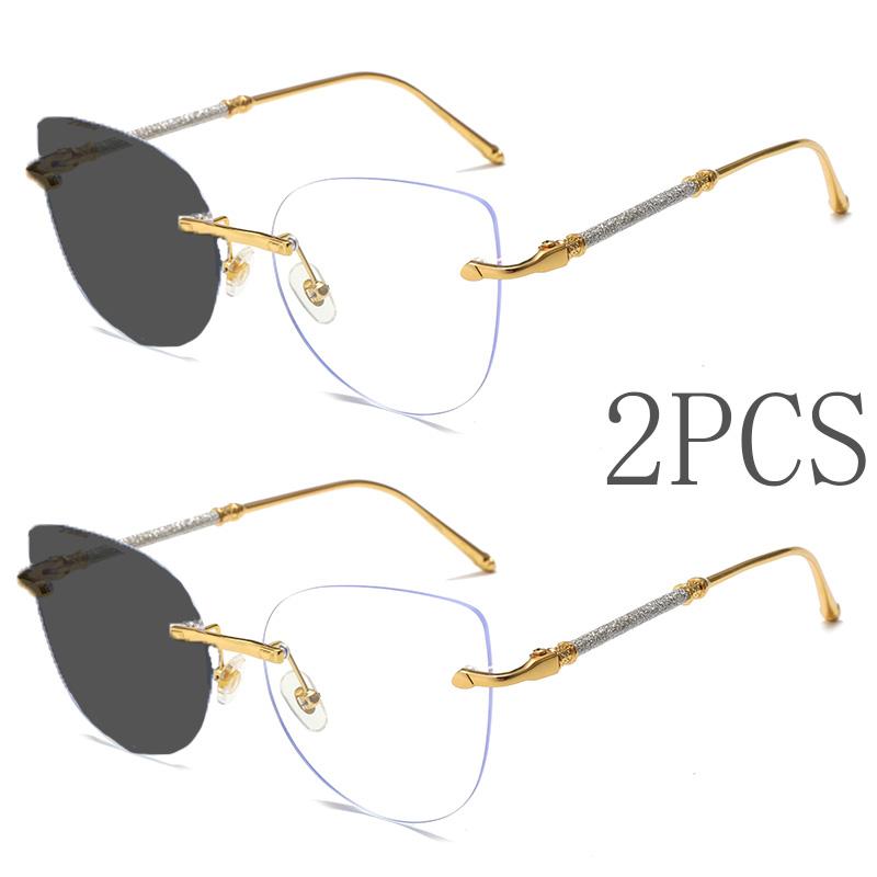 2PCS Color Changing Metal Cat Eye Sunglasses Women Men Rimless Exquisite Luxury Sun Glasses Daily Leisure Male Female Glasses