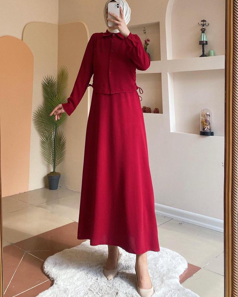 In-Stock Midi Skirt Set: 2024 Long-Sleeved Shirt Casual Dress for Muslim Arab Women