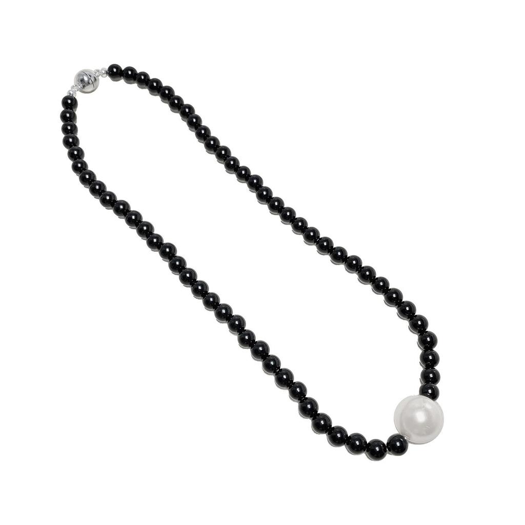 Black & White Melody Necklace: 925 Sterling Silver Clasp, Natural Black Agate & Shell Pearl, Elegant Women's Gift