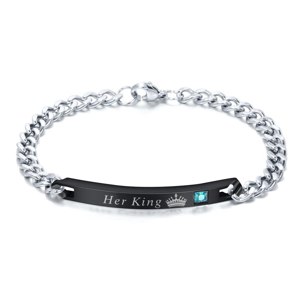 His Queen, Her King Stainless Steel Couple Bracelet with Diamond Inlay