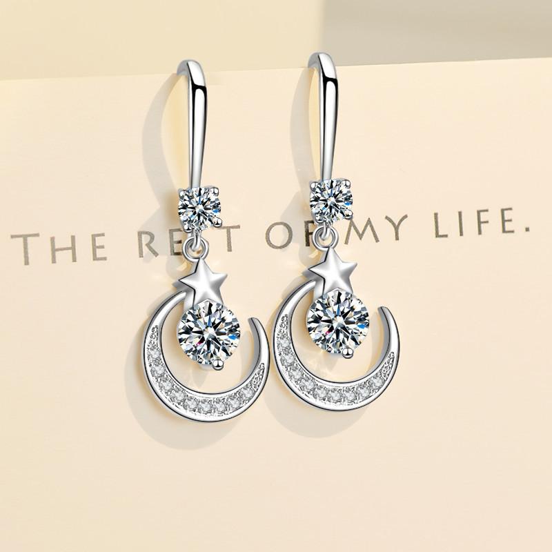Damenmode Stern Mond Ohrringe 925 Sterlingsilber Weißer Saphir Rosa Blau Weiß Künstliche Hängeohrringe