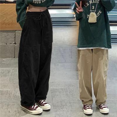 Vintage Cargo Pants Women Khaki Wide Leg Pants Unisex Harajuku Baggy Sweatpants Hip Hop Trousers Drawstring Streetwear Pantalon