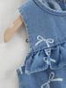 Single-piece Girls' Everyday Casual Summer Dress with Bow Print, Round Neck, Ruffled Trim, Cute and Versatile Sleeveless Denim Dress.