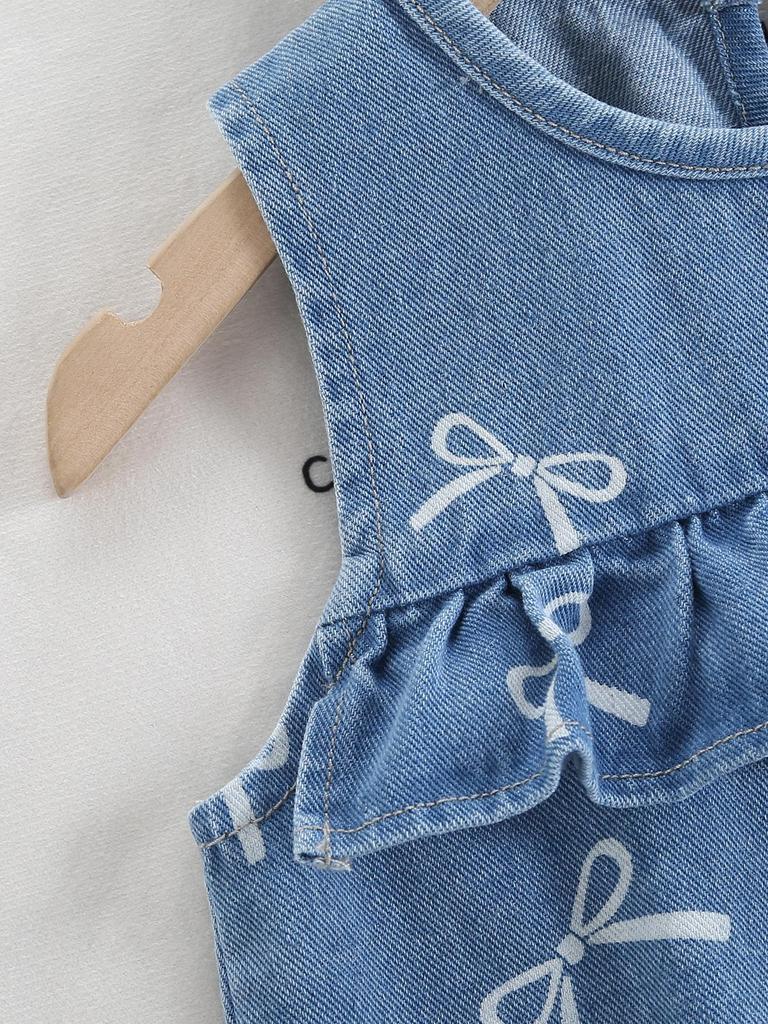 Single-piece Girls' Everyday Casual Summer Dress with Bow Print, Round Neck, Ruffled Trim, Cute and Versatile Sleeveless Denim Dress.