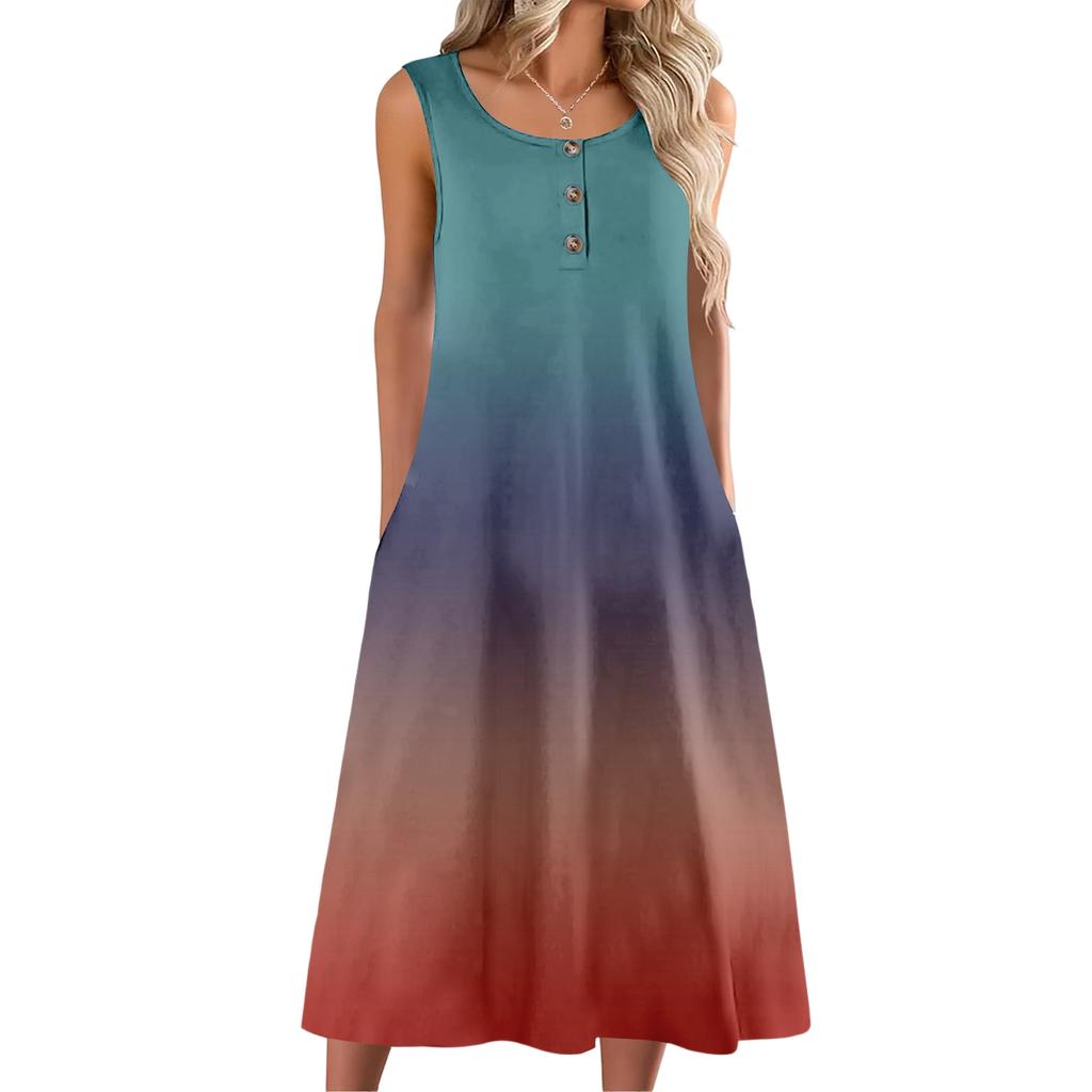 Women's fashion with pocket casual sleeveless button gradient dress