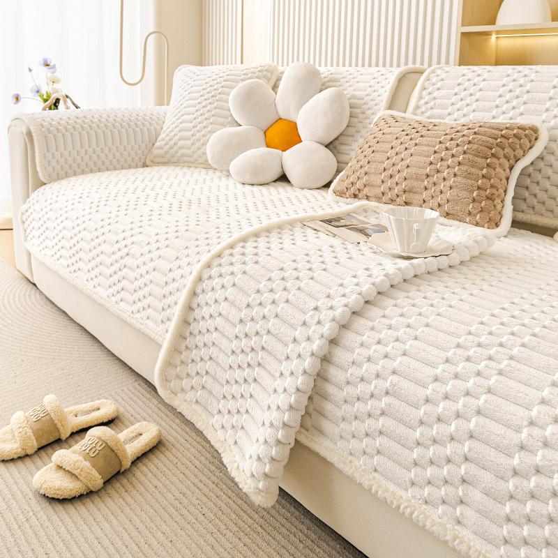 

Cat Scratch Resistant Minimalist Sofa Cushion Cream Style Thickened Plush Velvet Non-slip Sofa Cover Solid Color Seat Dust Pad 70x70cm 1pc off білий колір