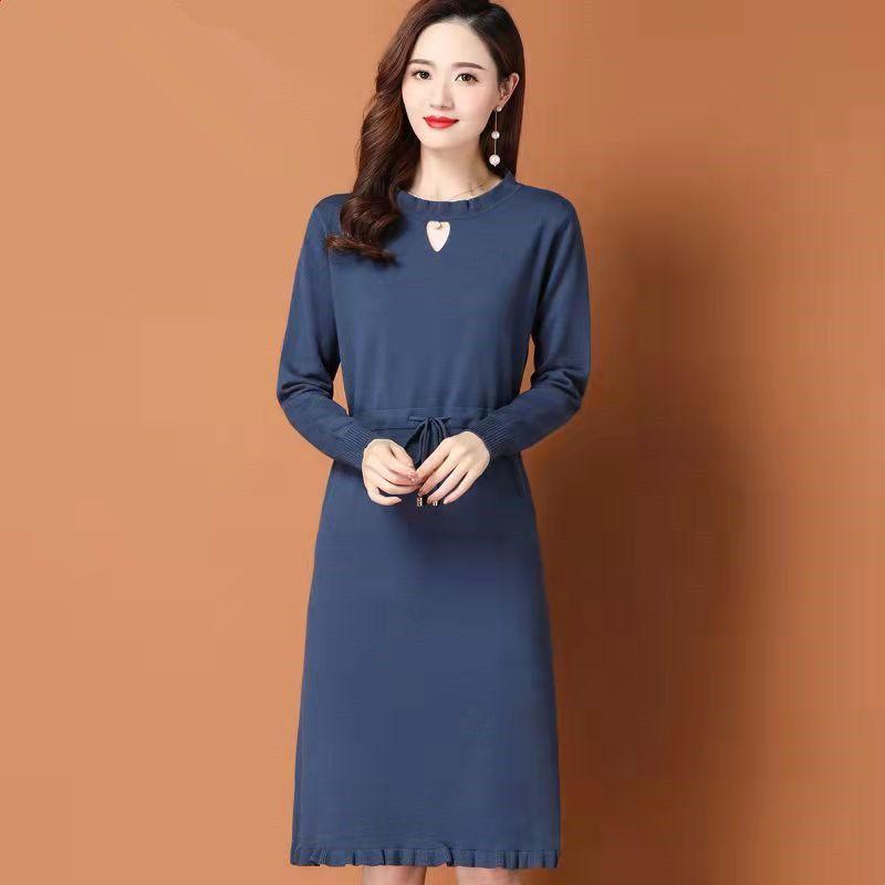 Winter Dress Female 2023 Women Lace Up Stripes Elegant Fake Two Pieces Solid Over Knee Round Neck Noble Sweater Dress Female
