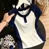 New Fashionable Versatile Contrasting Color Ramp Short-sleeved T-shirt Women's Double Color Matching Slim and Thin Chic Top