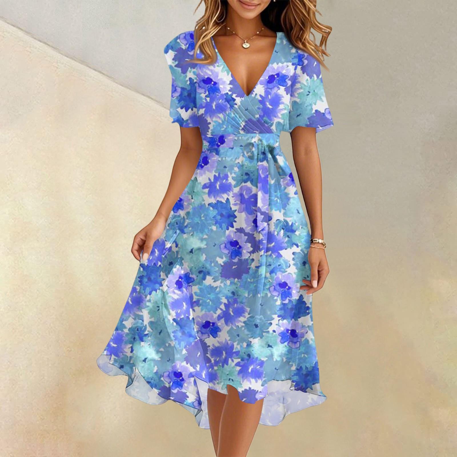 Women s Summer Fashion V-Neck Flared Dress Short Sleeve Floral Dresses L синий
