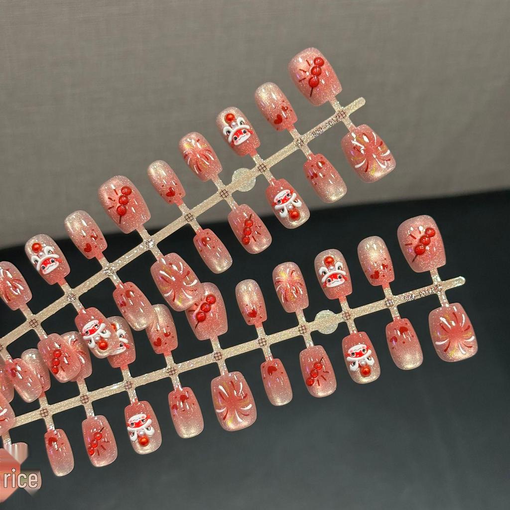 Resin Firework Lion Dance Red New Year Handmade Sparkle Cat Eye Nail Art Set - 30 Pieces