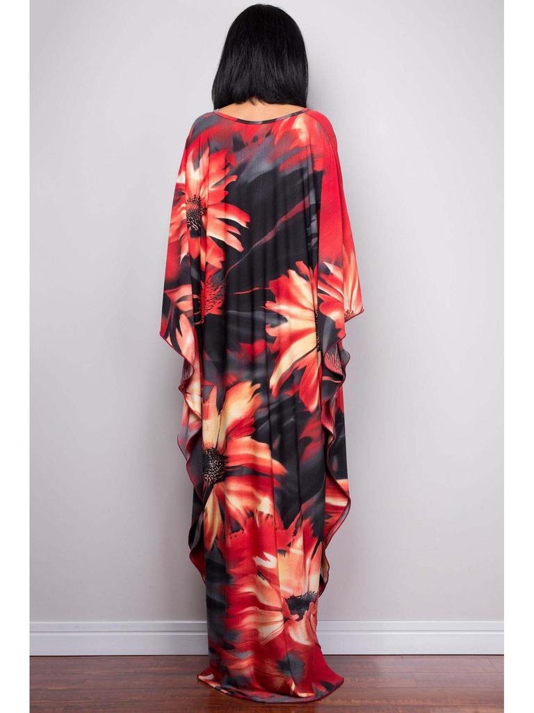 Handgemachter schwarzer & roter floraler langer Strand-Überwurf-Kimono für Damen