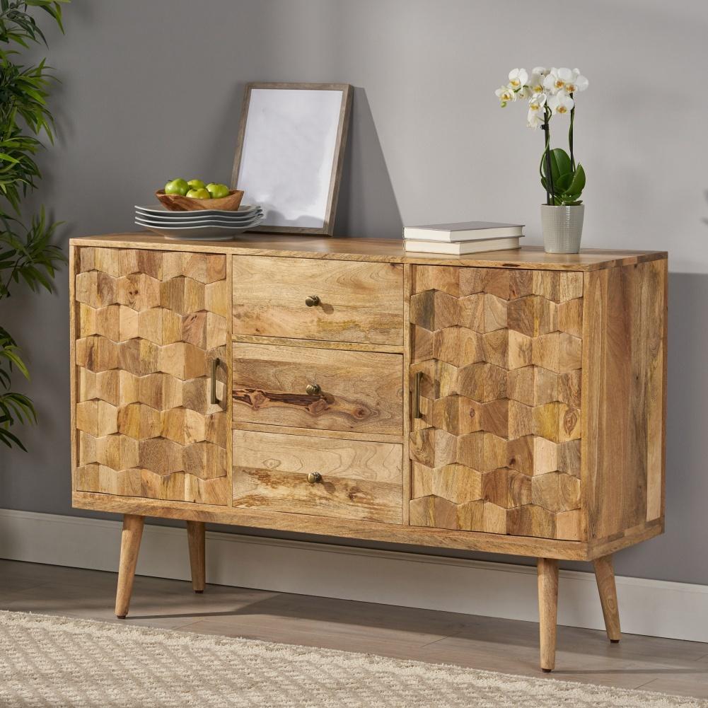 US Modern Sideboard Buffet Cabinet With Storage 3D Tile Weave Coffee Bar Cabinet With 3 Drawers 2 Doors For Living Room Entryway