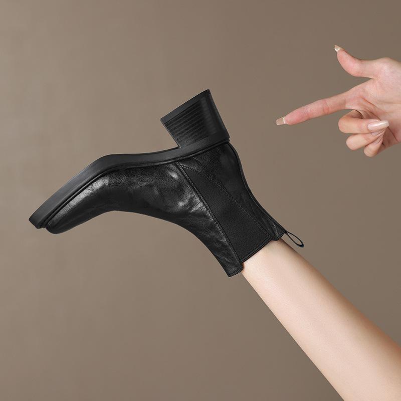 British Chelsea Boots Women's Soft Leather Coarse Heel French Retro Square Head High Heel Elastic Skinny Short Boots Martin Boots
