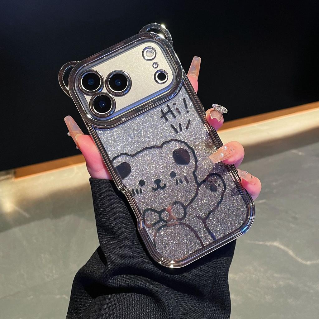 For IPhone17promax Phone Case Cartoon Teddy Bear for Apple 16 Electroplated Glitter 15 with Lanyard Protective Cover