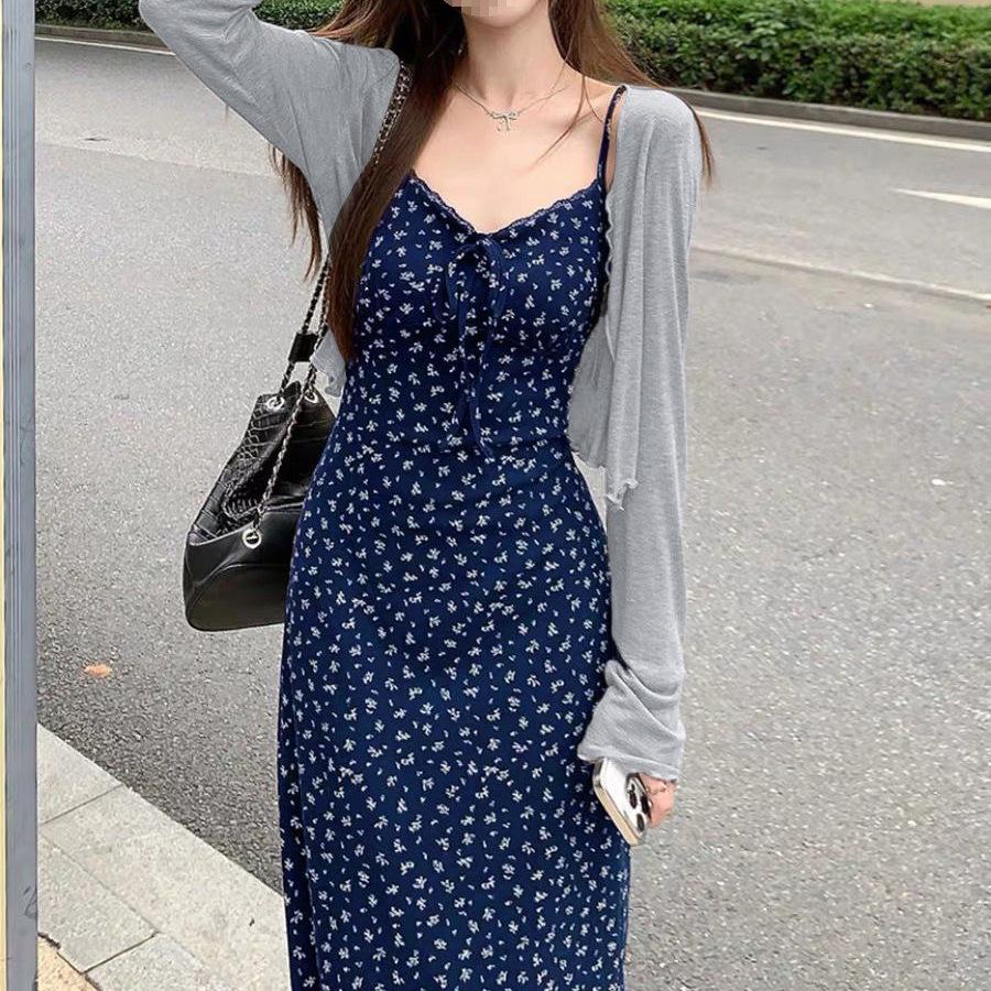 Gentle Forest-Inspired Floral Camisole Dress with Lace-up Long Skirt & Long Sleeve Cropped Cardigan Set for Women
