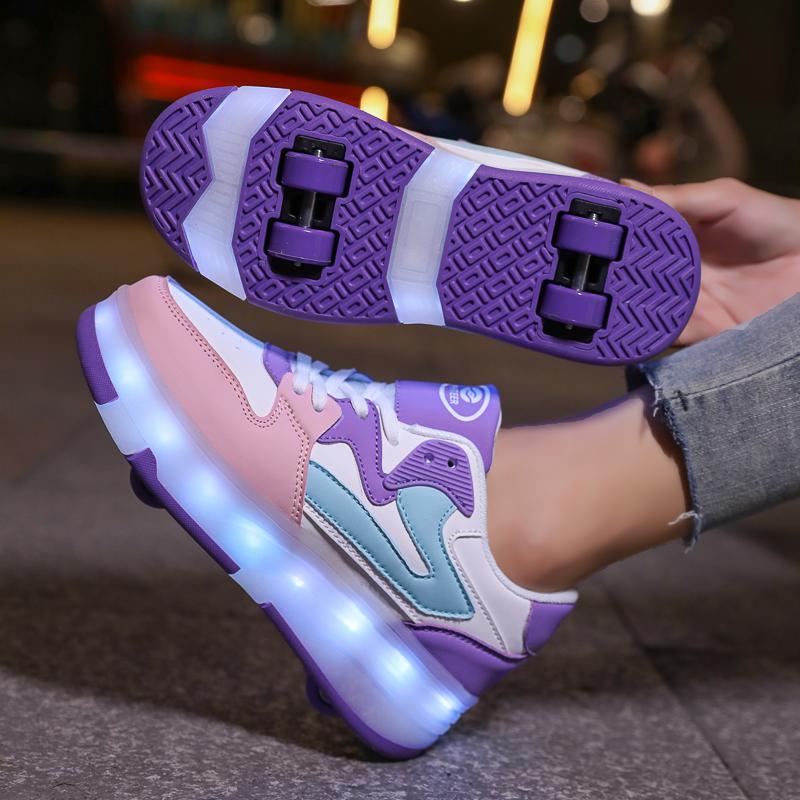 29-40 Zapatos Deportivos Planos Desmontables de Cuatro Ruedas para Niños Zapatos Deportivos Luminosos LED Recargables Patines de Cuatro Ruedas