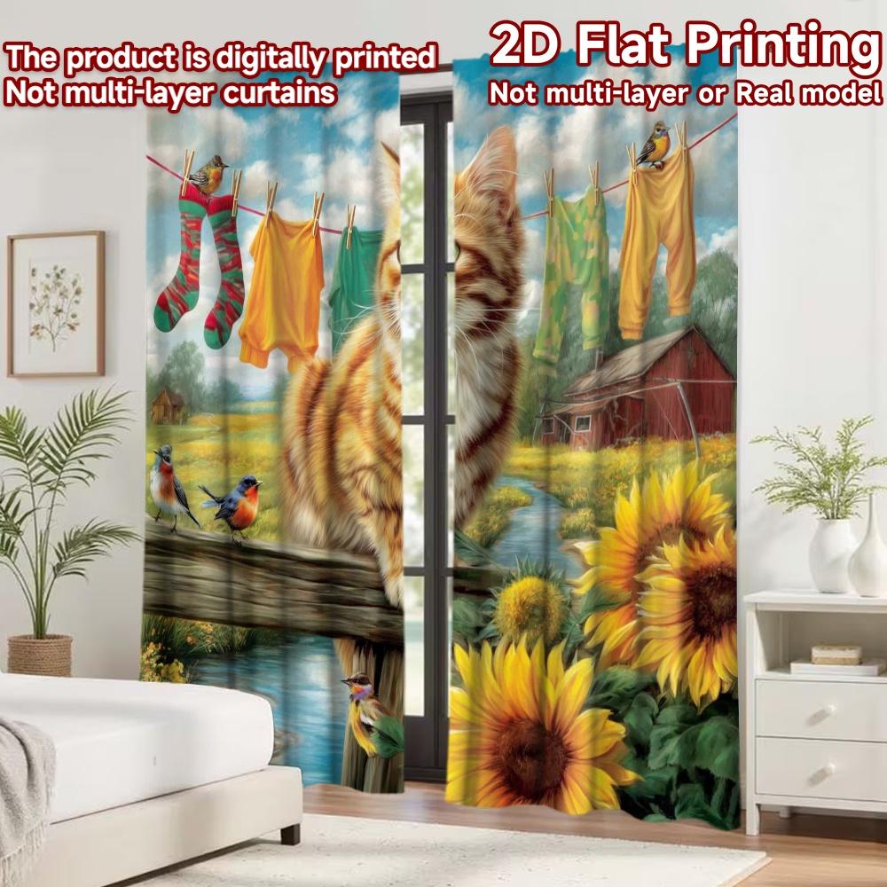 2D flat printing 2pcs Curtain Window Drapes Summer Farm Cat Scene Digital Printed Polyester Drapes Festive Wall Decor Use for