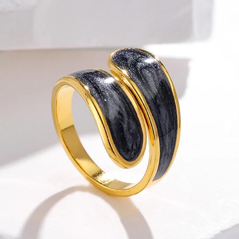 Stainless Steel Black and White Ring with Enamel Simple Double Layer Oil Dripping Adjustable Open Finger Ring for Women No Fade