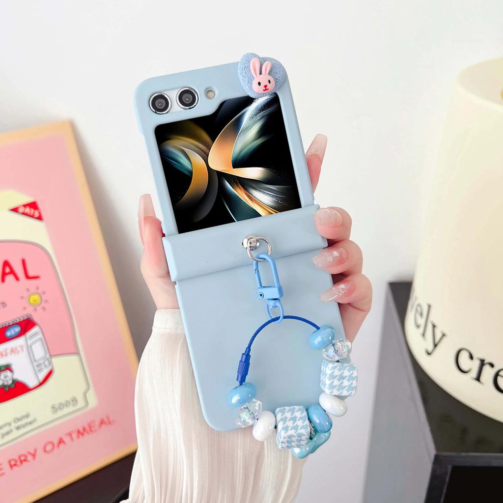 Cute Rabbit Bling Glitter Bead Wrist Strap Phone Case for Samsung Galaxy Z Flip 7 6 5 4 3 5G Hinge Protection Shockproof Cover