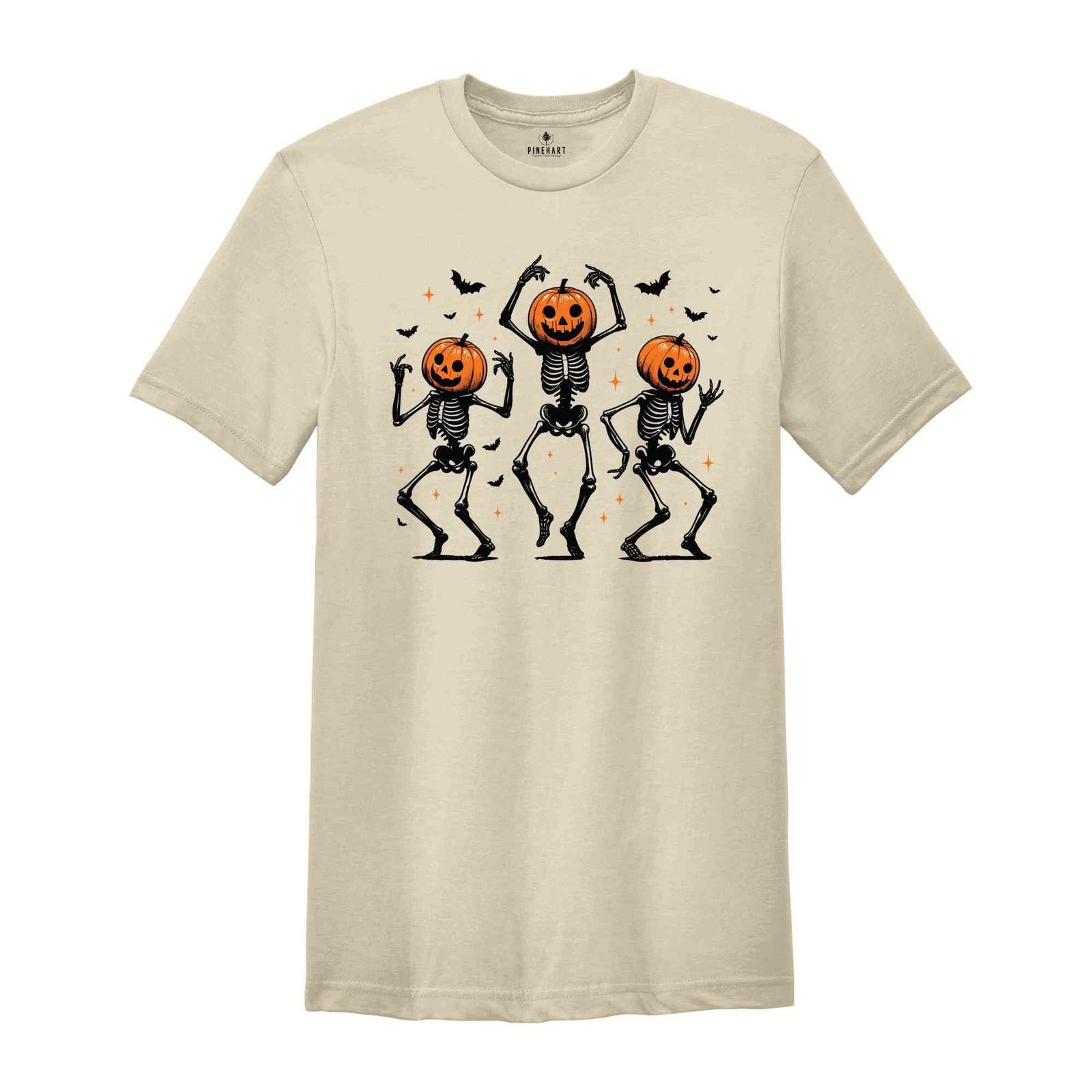 Dancing Skeleton Pumpkin Shirt, Retro Halloween Women s Shirt, Funny Fall Hallow S