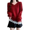 French Lace V-neck Patchwork Two-Piece Knit Sweater - Loose Fit for Autumn/Winter