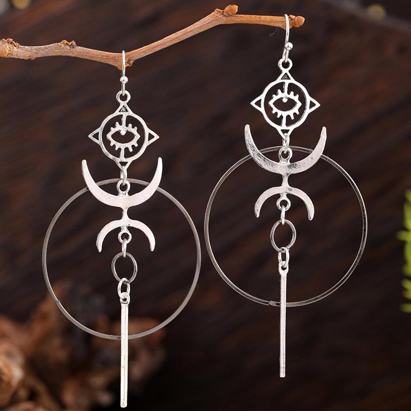 Gothic Punk Demon Eye Moon Earrings - Ancient Silver, Halloween Accessory, Long Metal Design