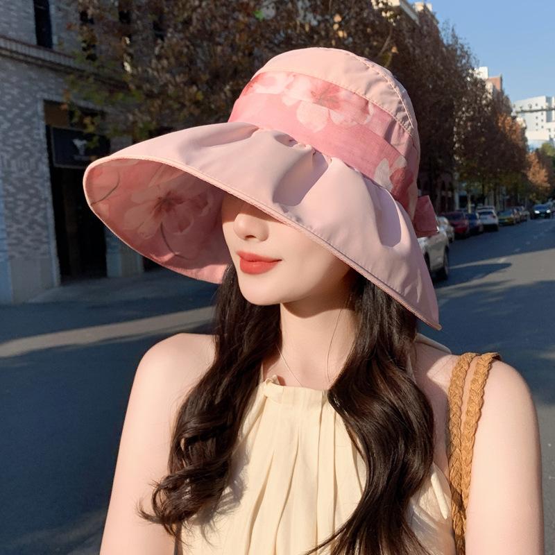 Summer Hat Women's New Printed Empty Top Hat Sunscreen Sun Hat Outdoor Travel Visor Bucket Hat Foldable