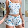 Women's Lace Trim Cami Pajama Set 2 Piece Ribbed Crop Top And Shorts Pjs Sets Heart Print Summer Casual Sleepwear