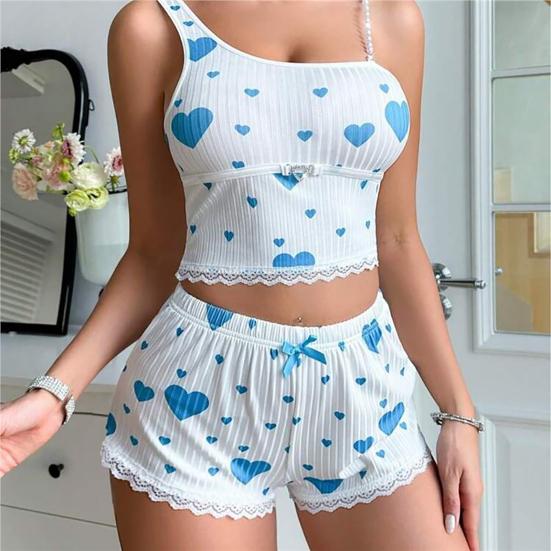 Women's Lace Trim Cami Pajama Set 2 Piece Ribbed Crop Top And Shorts Pjs Sets Heart Print Summer Casual Sleepwear