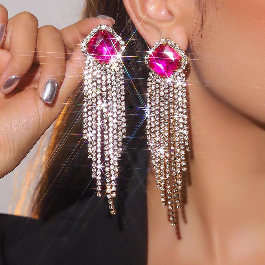 European & American Luxury Long Tassel Earrings: Sparkling Diamond & Crystal Studs for Women