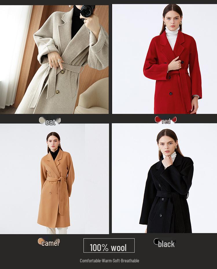 Red Wool Double-faced Long Coat with Belt - Winter Fashion Outerwear