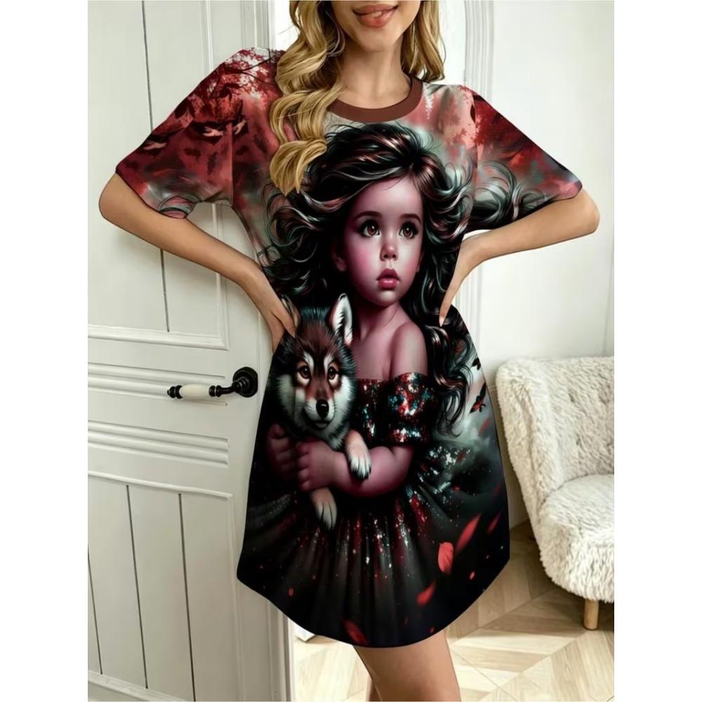 3D Fun and Cute Girl Print Dress, Women's Summer Round Neck Short Sleeved Mini Dress
